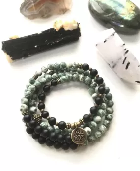 108 Bead Mala in Shungite, Tree Agate, Lotus Mala Necklace (convertible to Bracelet)