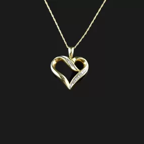 10K Gold Open Heart Baguette Diamond Pendant Necklace