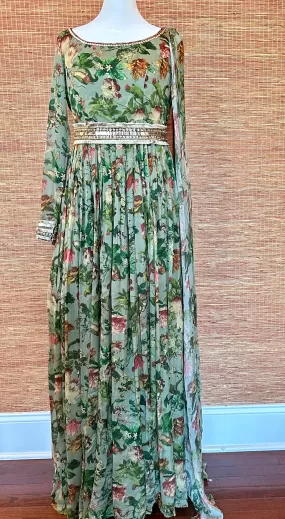 52A061 Light Green Floral Georgette Dress With Belt