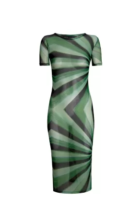 Green Short Sleeve Mesh Solar Midi Dress