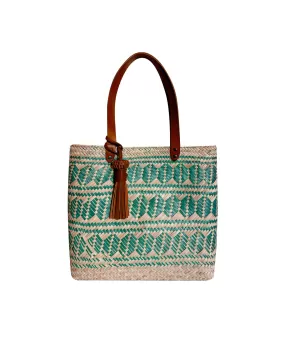 Keta tan leather tote bag / green figures hand woven palm