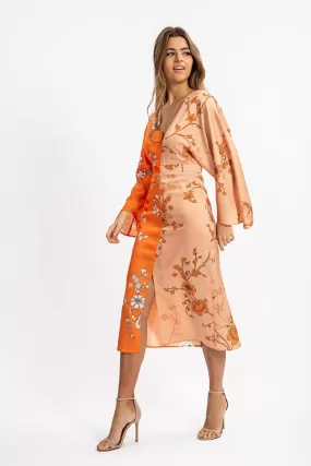 Liquorish Kimono Dress In Orange And Beige Oriental Print