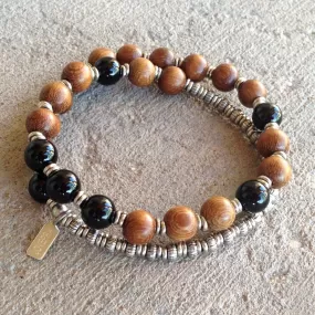 Patience, Onyx and Wood 27 Bead Unisex Wrap Mala Bracelet