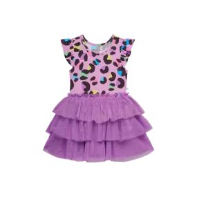 Posh Peanut - Ruffled Cap Sleeve Tulle Dress in Electric Leopard