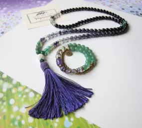 SALE - 2 pc set -108 Mala Necklace in Fluorite, Amethyst   27 Bead Mala Bracelet